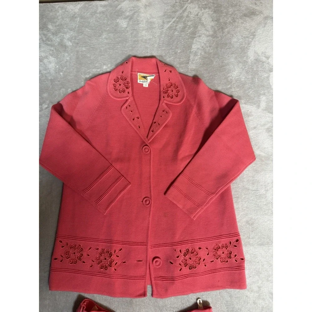 Vintage Double Bells Womens 2 Piece Skirt Suit Coral Pink 100% Wool Size 14
